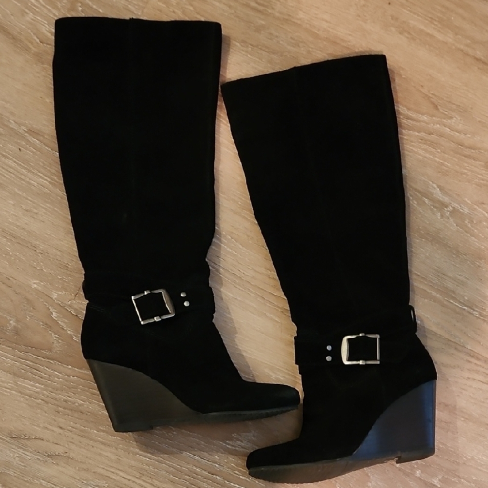 Black Suede Knee-High Wedge Boots